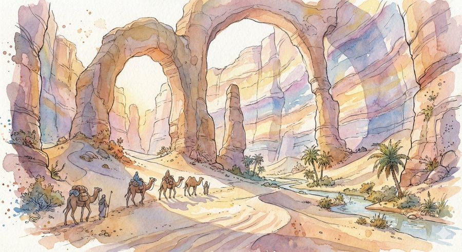 Immense Desert Canyon Filled with Colossal Weathered Stone Arches — Nano Banana Pro image prompt example