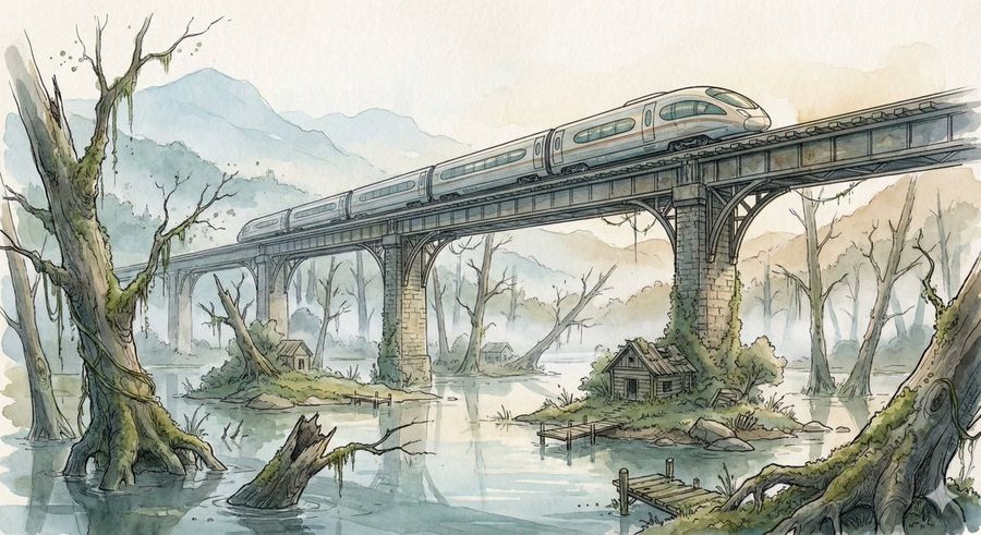 Sleek High-speed Train Glides Across an Elevated Rail Bridge Spanning — Nano Banana Pro image prompt example