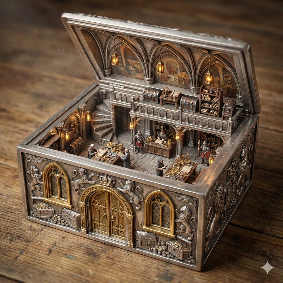 ORNATE BOX DIORAMA — TRI-LAYER MASTER PROMPT (HARD FRONT-RIGHT — Nano Banana Pro image prompt example