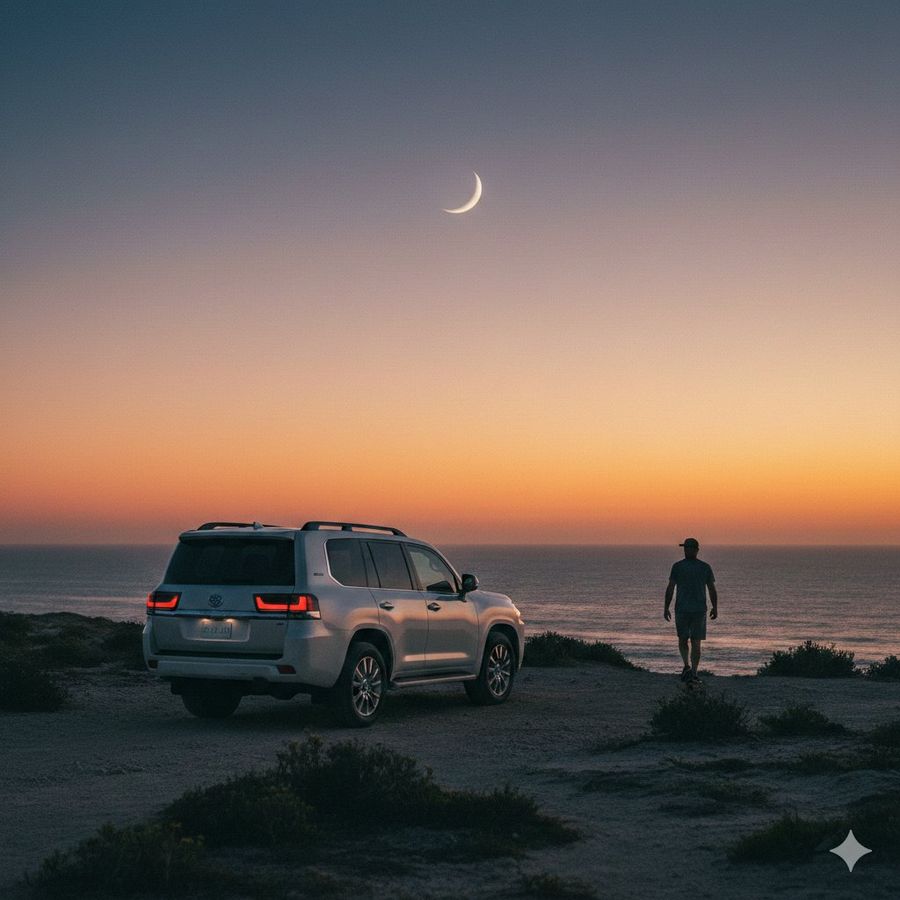 Cinematic Twilight Coastal Landscape Overlooking a Calm Ocean Horizon — Nano Banana Pro image prompt example