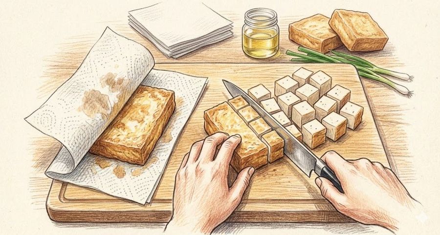 Wipe the Oil Off the Surface of the Deep-fried Tofu with a Paper Towel — Nano Banana Pro image prompt example