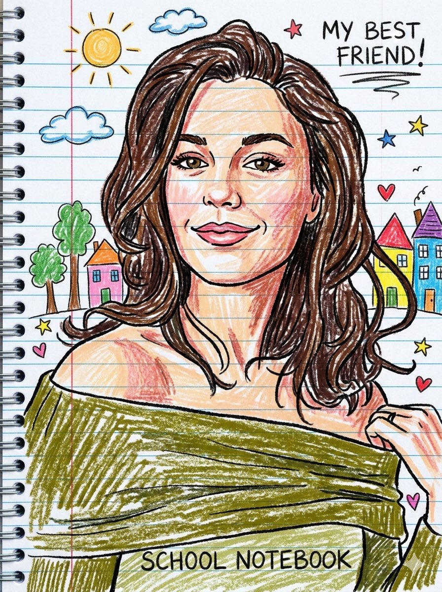 High Resolution a Playful Notebook-style Crayon Drawing of the Person — Nano Banana Pro image prompt example