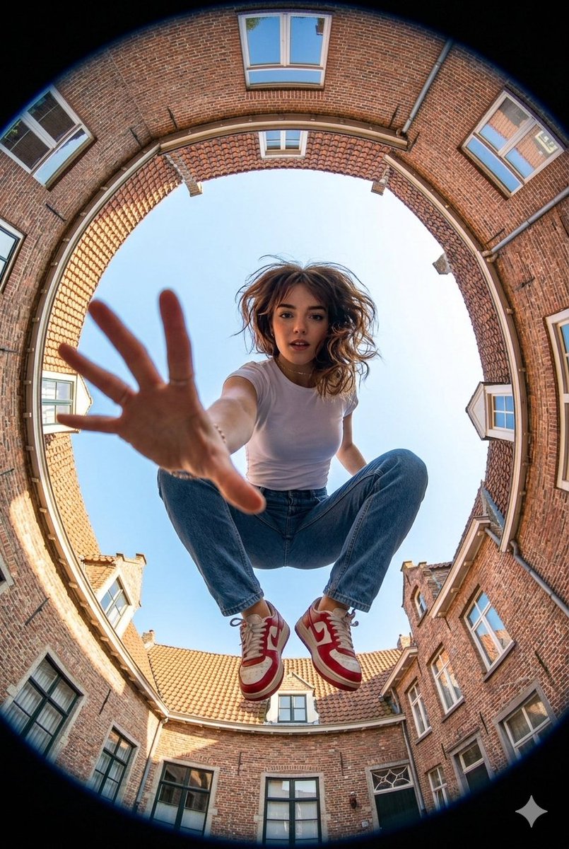 Ultra-wide Fisheye Lens Perspective Shot from Ground Level Looking — Nano Banana Pro image prompt example