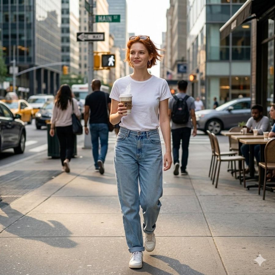 Highly Realistic Daytime Street Photo of a Young Woman Walking Across — Nano Banana Pro image prompt example