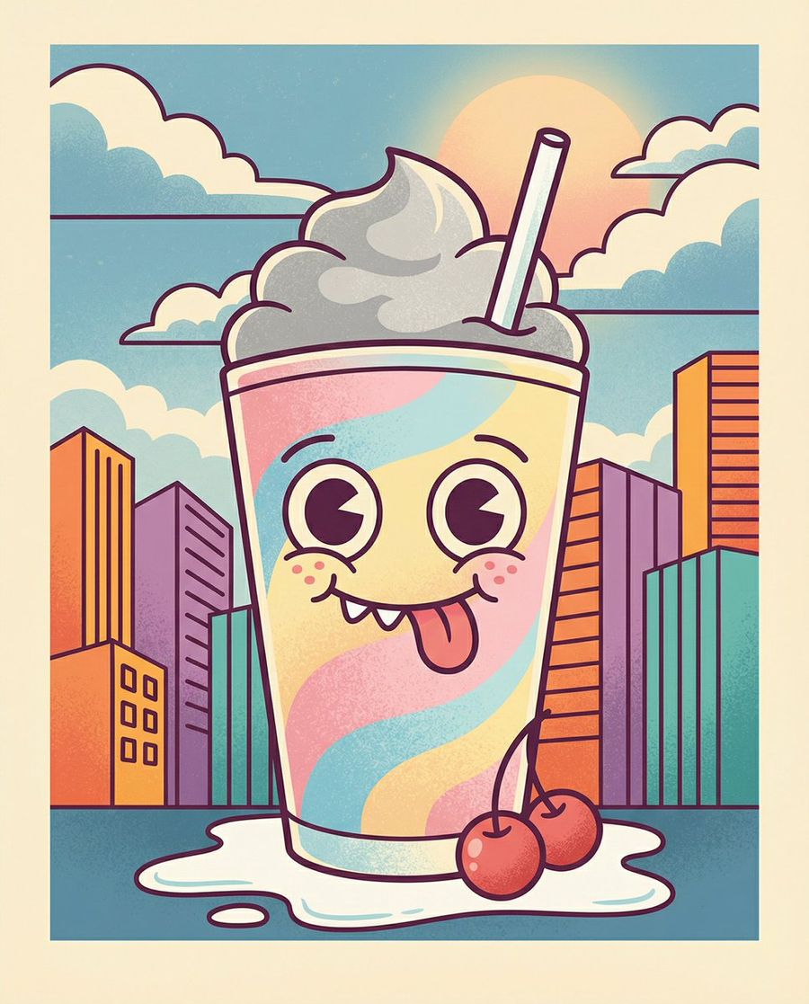 Cute, Cartoonish Milkshake with a Face Is the Main Subject, Set — Nano Banana Pro image prompt example
