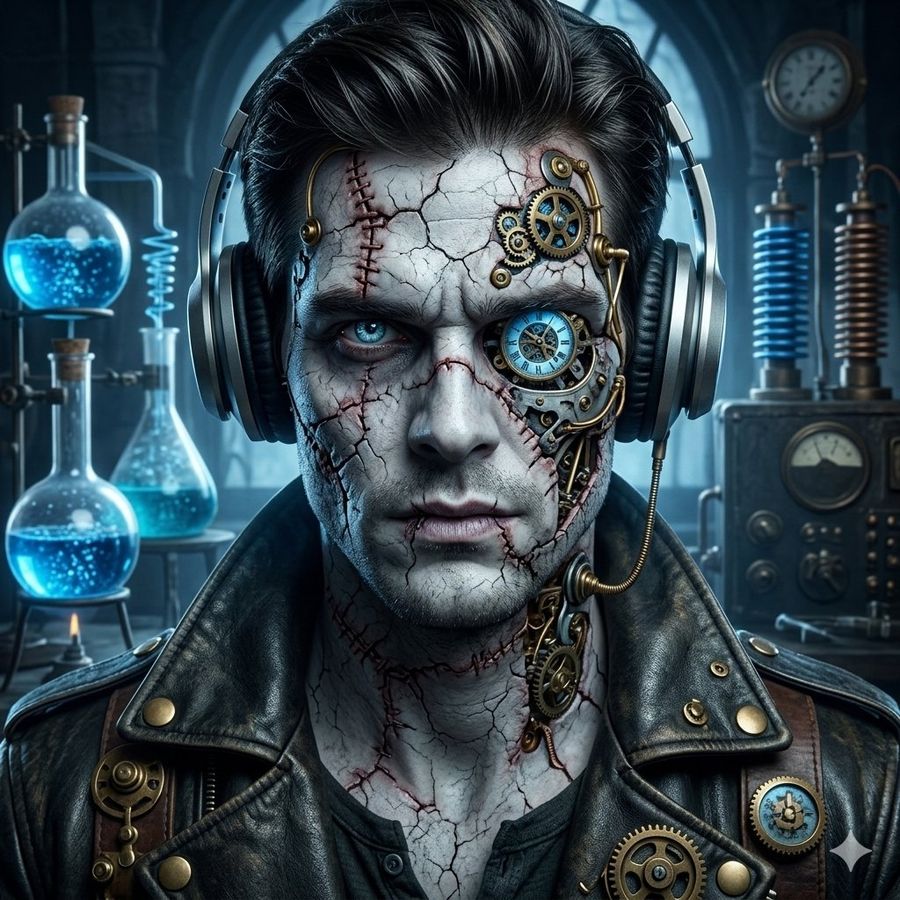 Steampunk Frankenstein Cyborg with Cracked Pale Skin — Nano Banana Pro image prompt example