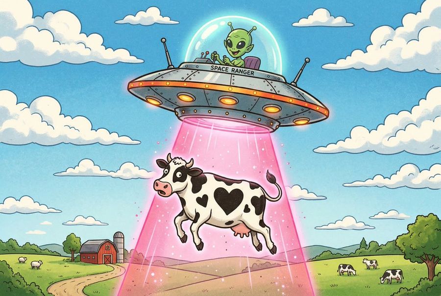 Black and White Cow with Heart-shaped Markings Is Being Abducted — Nano Banana Pro image prompt example