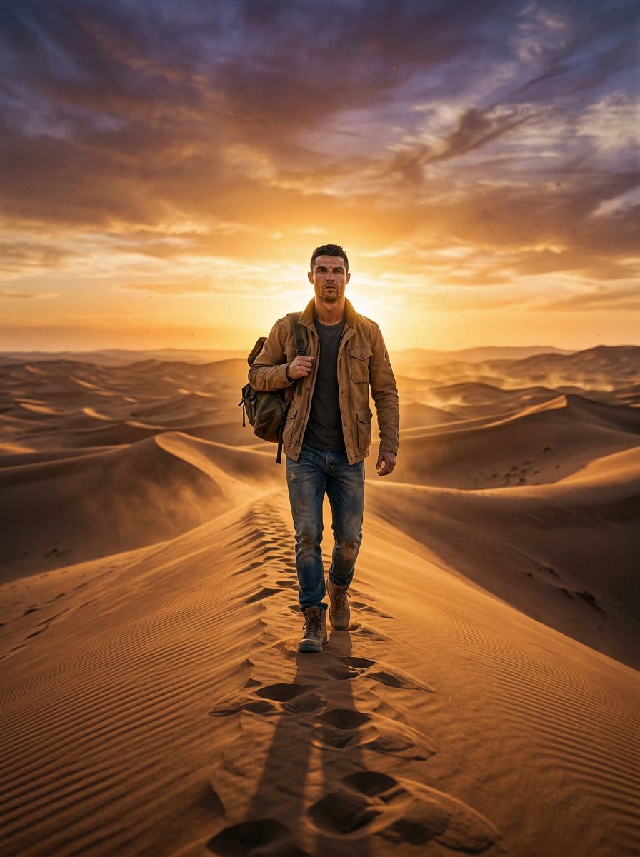 Lone Traveler with a Determined Expression, Wearing a Weathered Tan — Nano Banana Pro image prompt example