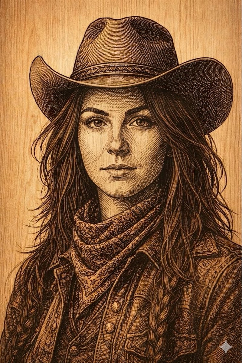 Ultra-detailed Western Outlaw Portrait Engraved Into Natural Wood — Nano Banana Pro image prompt example