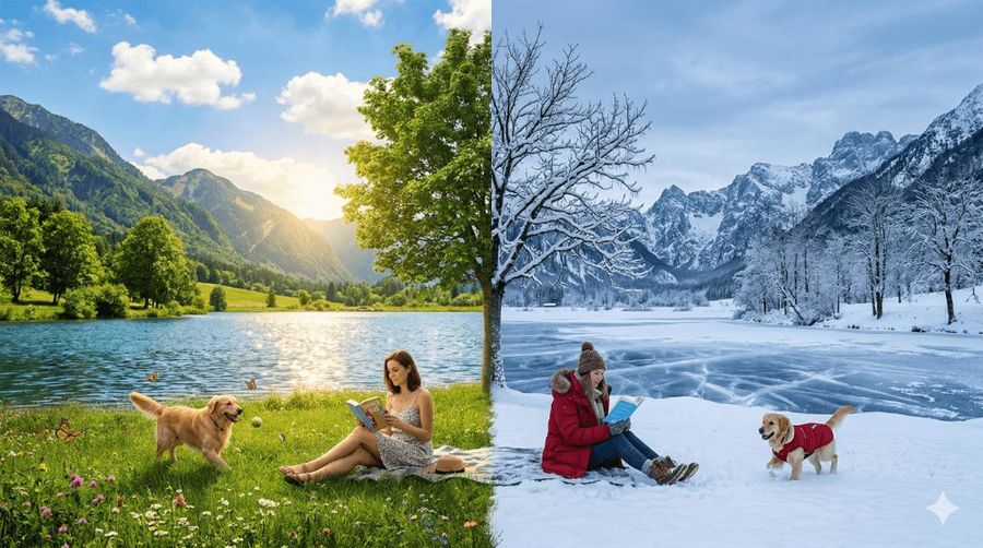 Perfectly Composed Landscape Photograph Where the Left Half Is Summer — Nano Banana Pro image prompt example