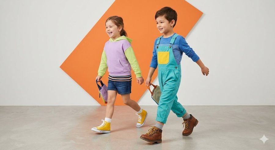 Kids' Fashion Editorial Photography, Two Children Walking — Nano Banana Pro image prompt example