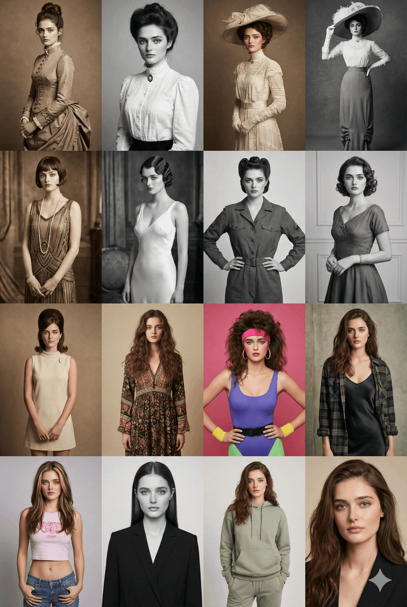 16 Decades Of Fashion Portrait Grid Prompt — Nano Banana Pro image prompt example