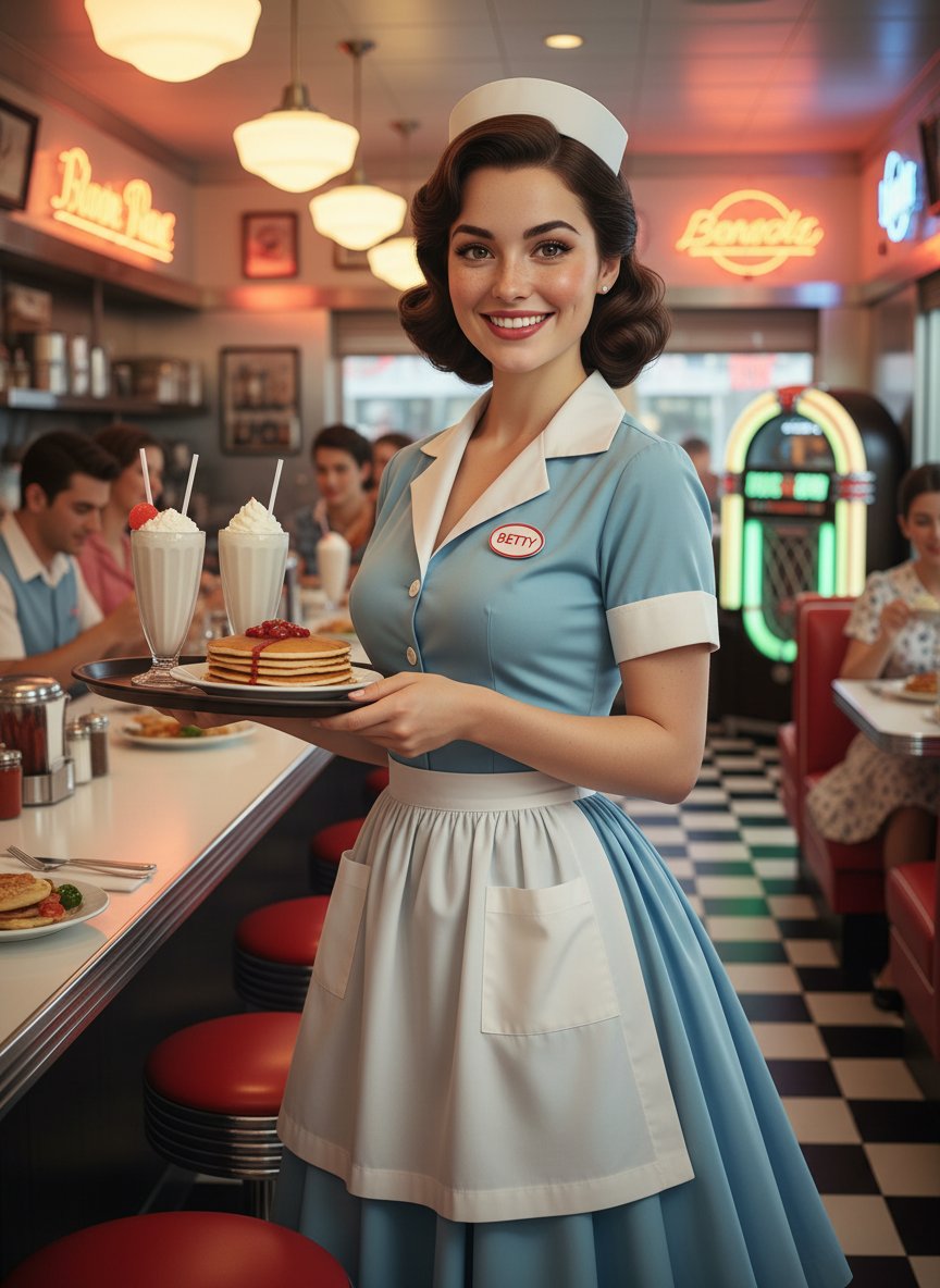1950s American Diner Waitress Portrait — Nano Banana Pro image prompt example