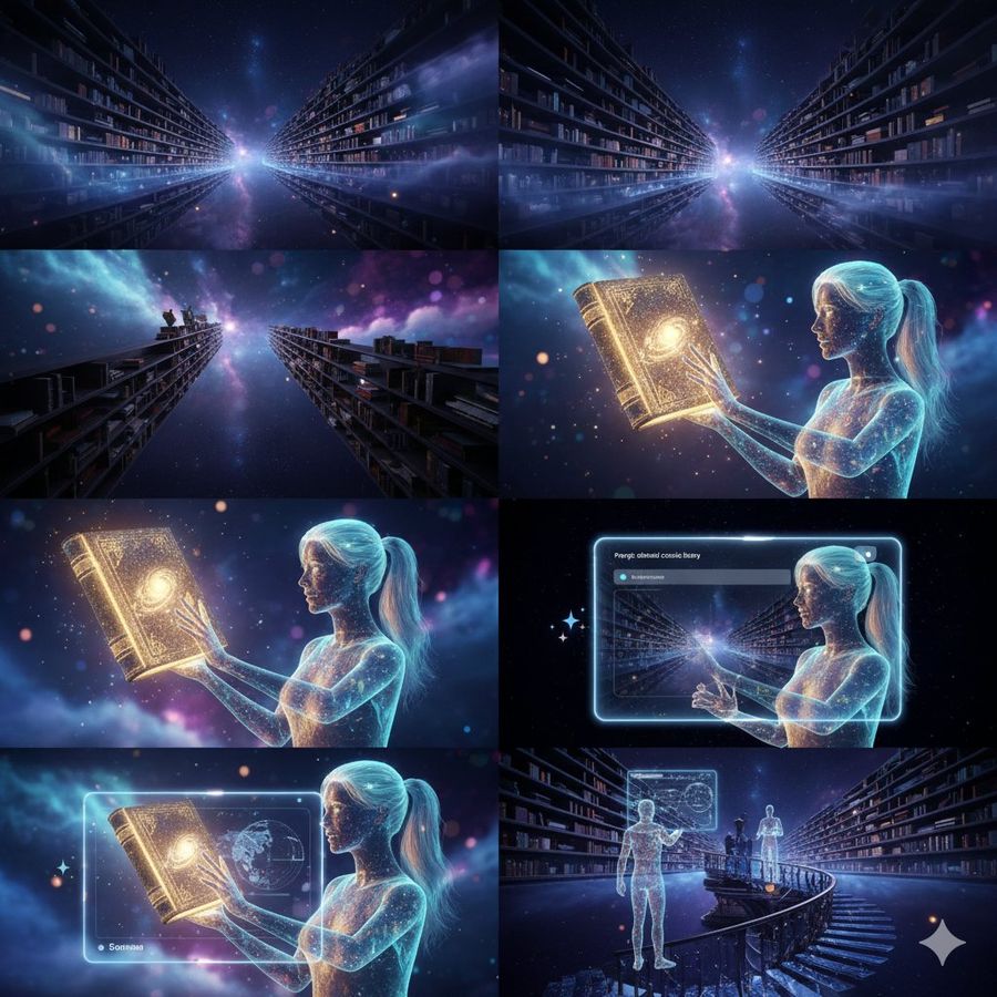 Hyper-detailed, Cinematic Wide Shot of an Ethereal Cosmic Library — Nano Banana Pro image prompt example