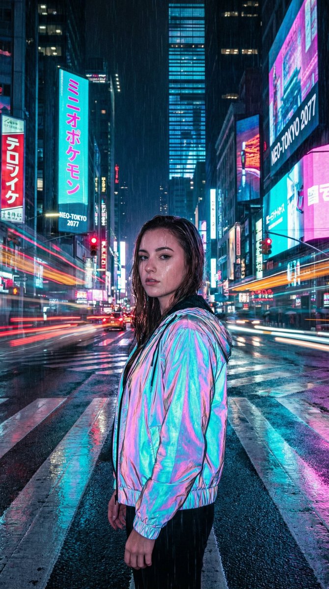 Woman Age 20 in a Cyberpunk City at Night Standing in the Middle — Nano Banana Pro image prompt example