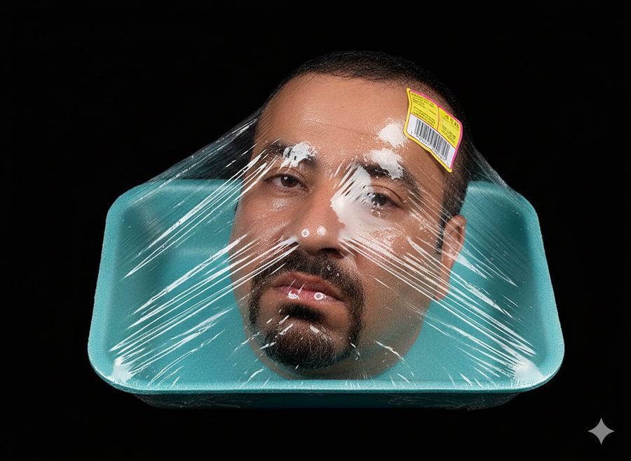 Head Placed Inside a Teal Blue Styrofoam Supermarket Meat Tray — Nano Banana Pro image prompt example