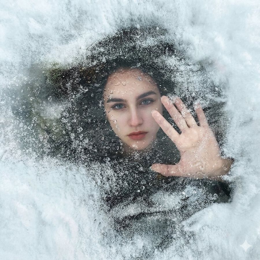 Young Woman Submerged Beneath a Frozen Surface — Nano Banana Pro image prompt example
