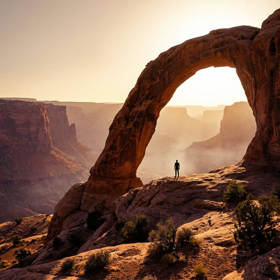 Tiny Human Silhouette Standing on a Rocky Ledge Beneath a Massive — Nano Banana Pro image prompt example