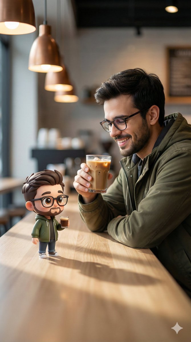 Young Man Sitting Casually at a Modern Café Counter, Smiling — Nano Banana Pro image prompt example
