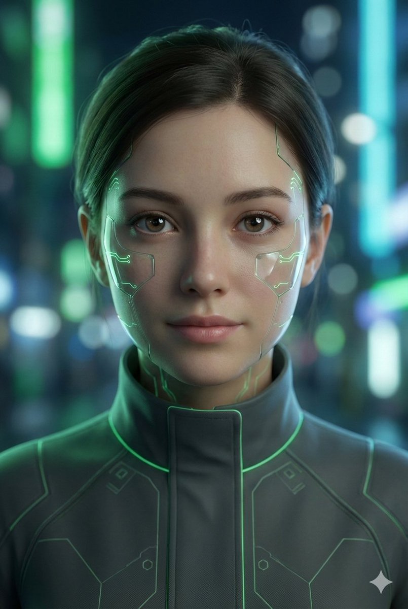 Front-facing Portrait of a Cute, Beautiful Futuristic Cyborg Girl — Nano Banana Pro image prompt example