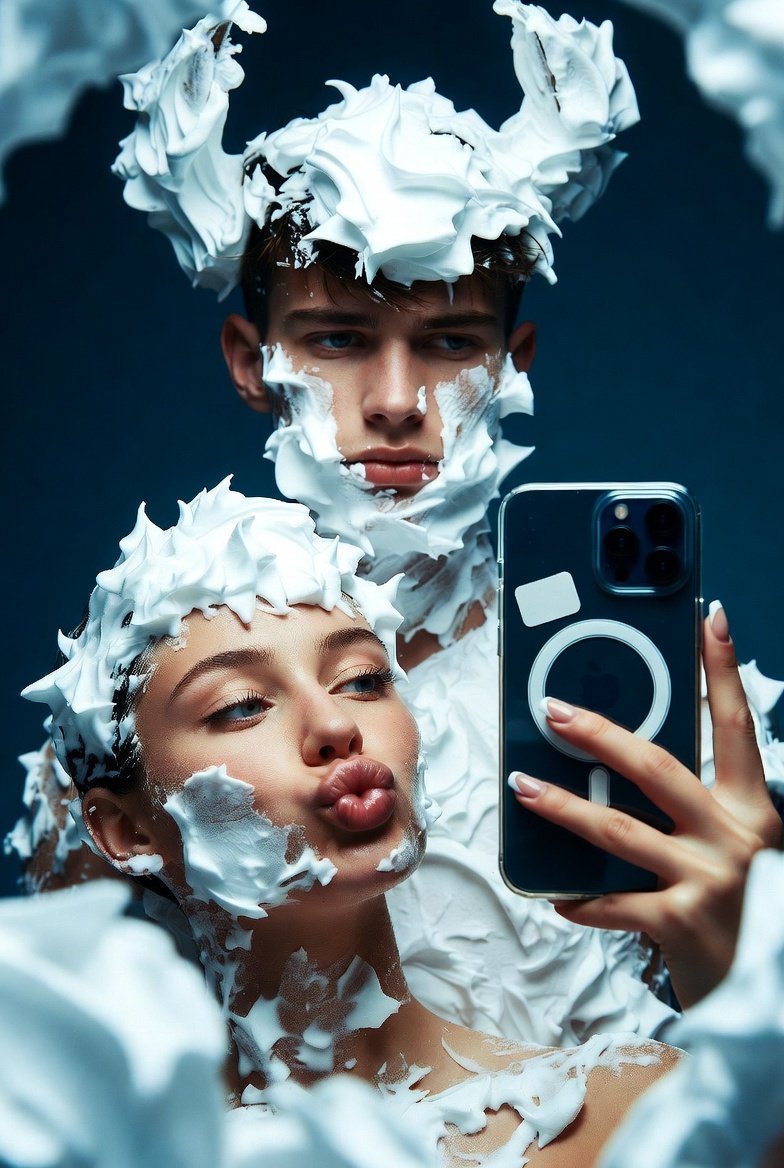 Playful, High-contrast Mirror Selfie of a Young Couple Completely — Nano Banana Pro image prompt example