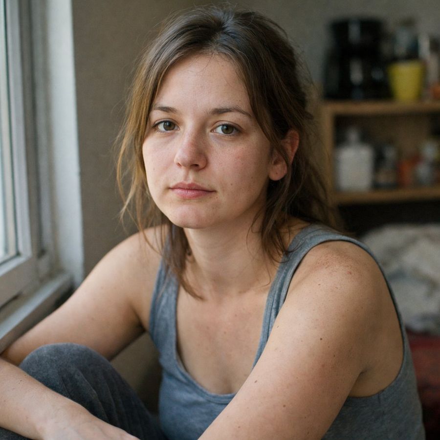 Candid Photo of a 27-Year-old Woman Sitting by a Window in a Small — Nano Banana Pro image prompt example
