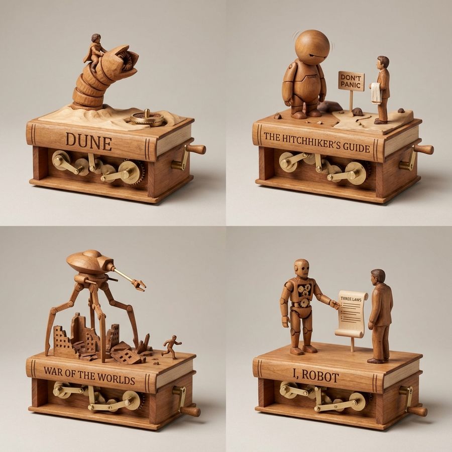 2x2 Grid; Each Panel Is a Whittled Wooden Tabletop Automaton Mounted — Nano Banana Pro image prompt example