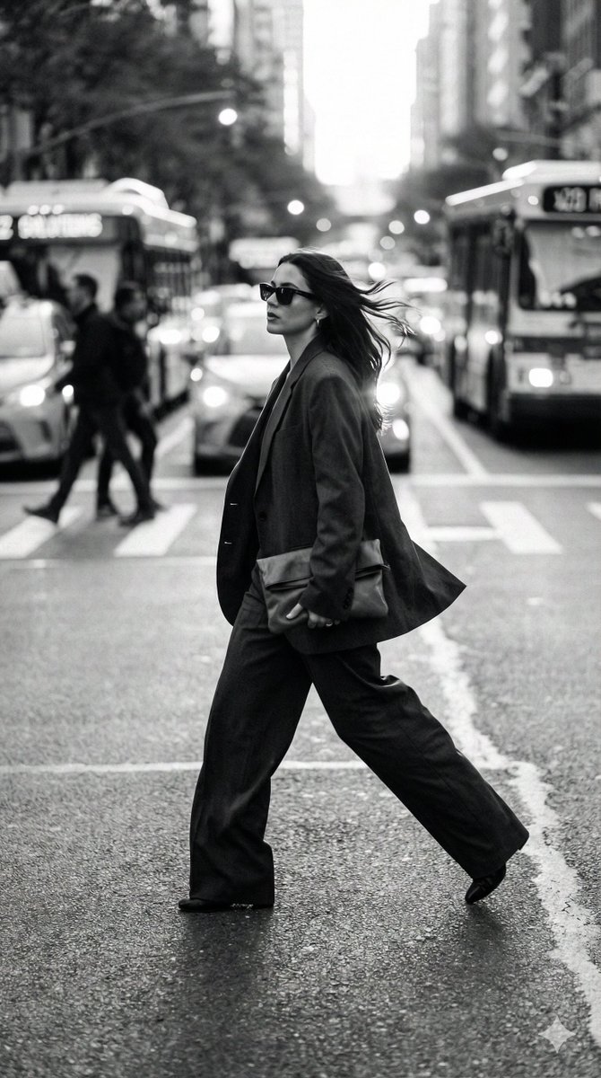 Stylish Woman Crossing a Busy City Intersection — Nano Banana Pro image prompt example