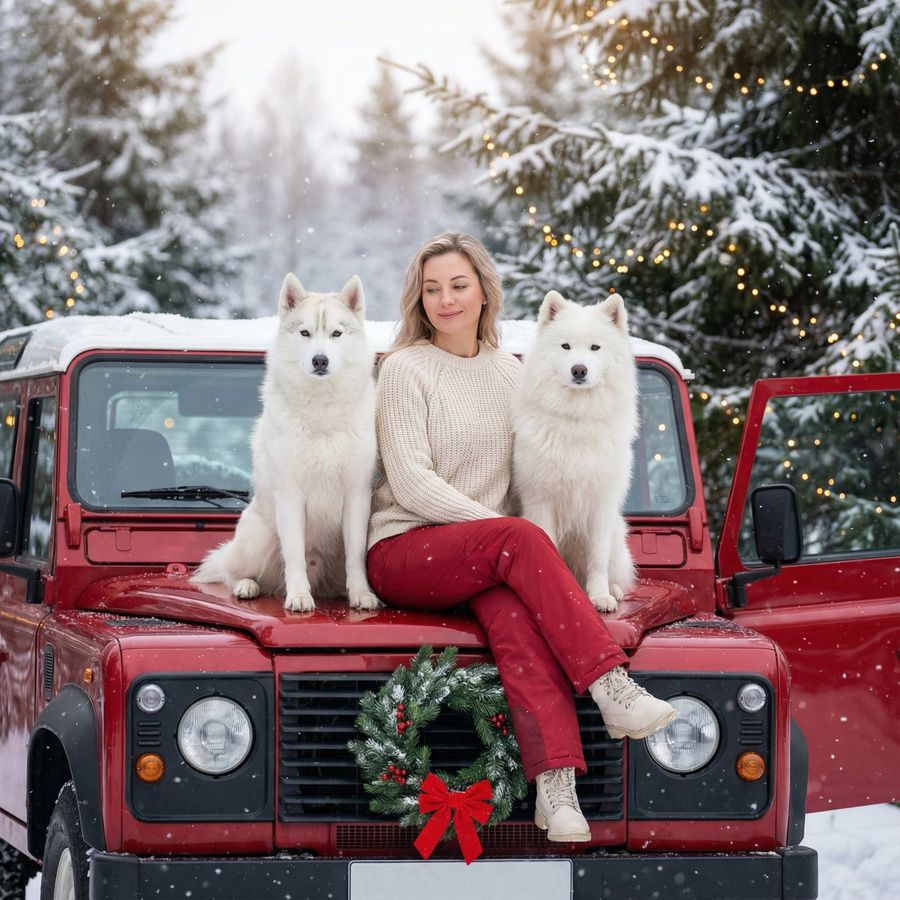 Woman Sitting Calmly on the Hood of a Vintage Red Off-road Vehicle — Nano Banana Pro image prompt example