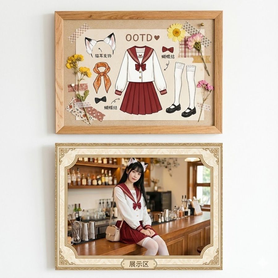 Vertical Wall Display with Two Separate Framed Images on a Plain — Nano Banana Pro image prompt example
