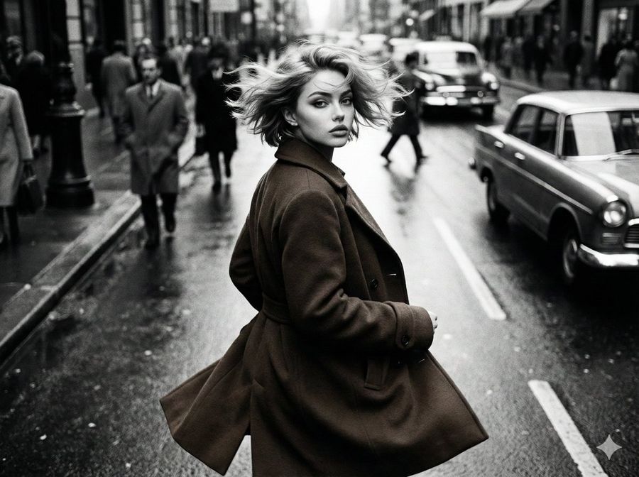 Woman with Short Grey Hair Walking Alone Down a City Street — Nano Banana Pro image prompt example