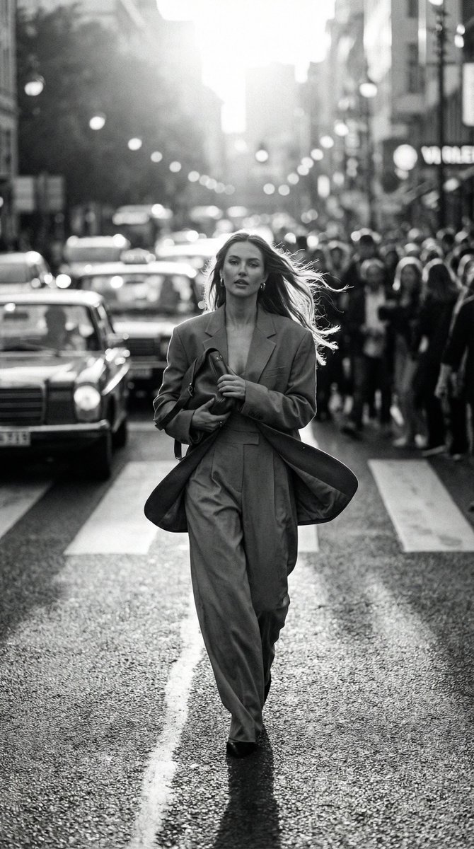 Stylish Woman Crossing a Busy City Intersection — Nano Banana Pro image prompt example