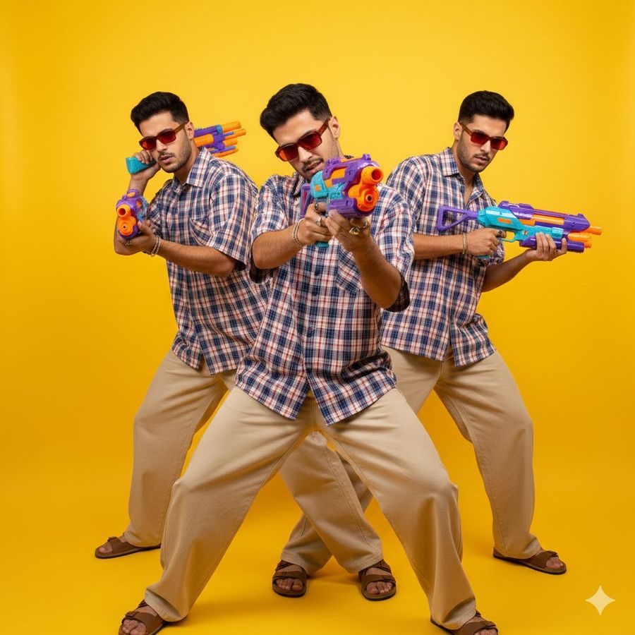 Same Young Man Duplicated in Three Dynamic Action Poses — Nano Banana Pro image prompt example