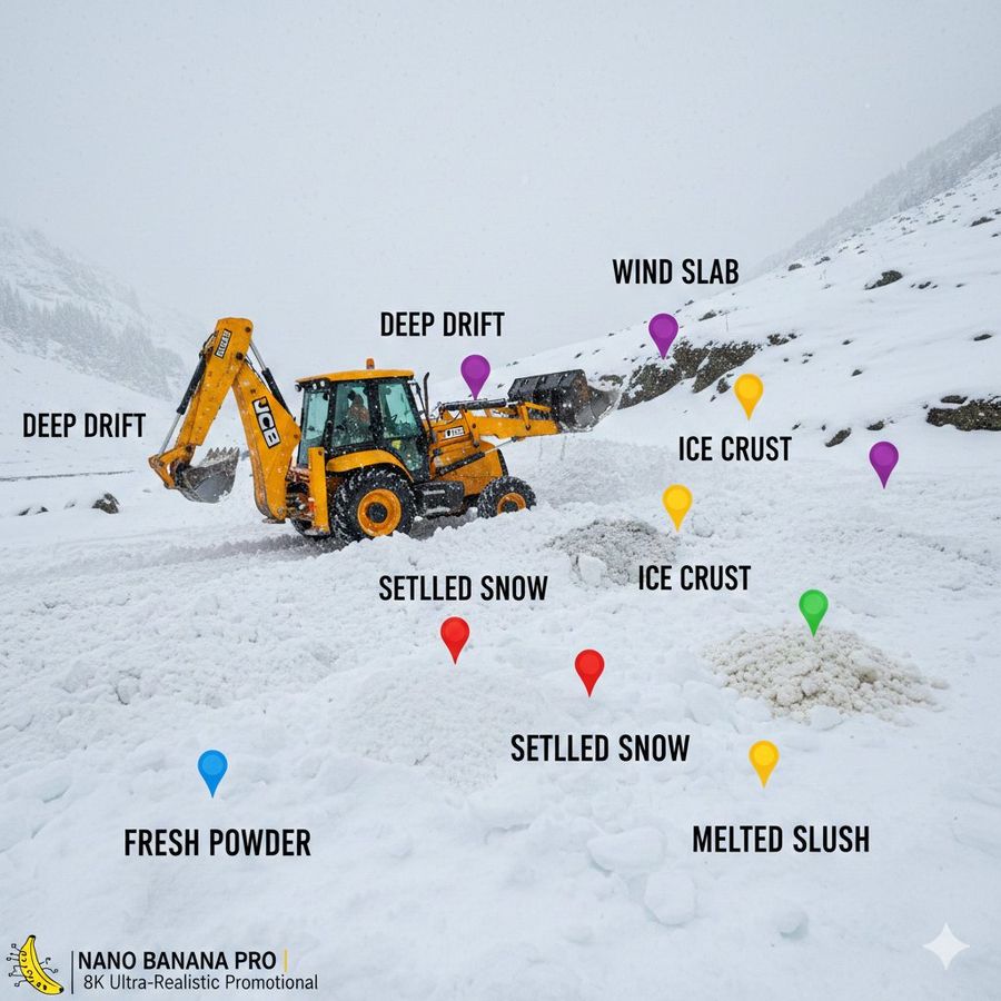 Cinematic JCB Clearing Snow in Kashmir Mountains — Nano Banana Pro image prompt example