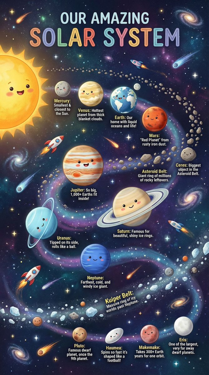Chart of the Solar System for Children with One Interesting Fact Put — Nano Banana Pro image prompt example