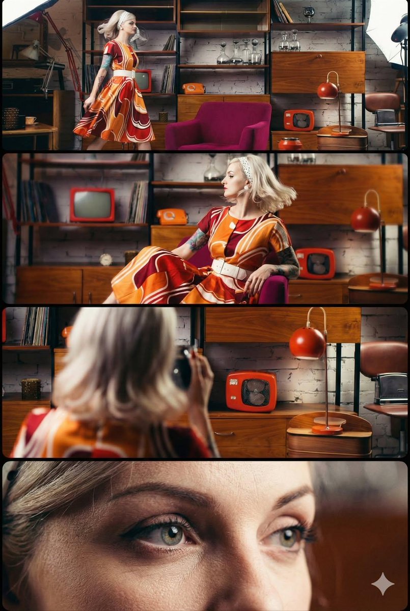 Cinematic, Retro-style Image of a Young Woman with a Platinum Blonde — Nano Banana Pro image prompt example
