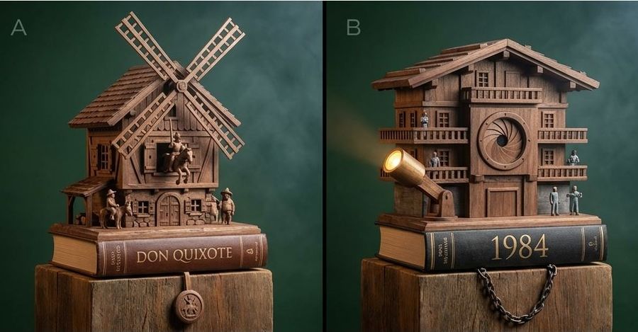 2 X 1 Grid, a Hand-carved Alpine Chalet Mechanism (Cuckoo-clock — Nano Banana Pro image prompt example