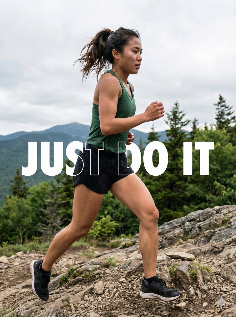 Young Asian Woman Running on a Rugged Mountain Trail, Surrounded — Nano Banana Pro image prompt example