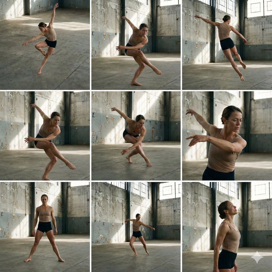 In a 3x3 Grid, Show This Dancer in Different Angles, Keep the Scene — Nano Banana Pro image prompt example