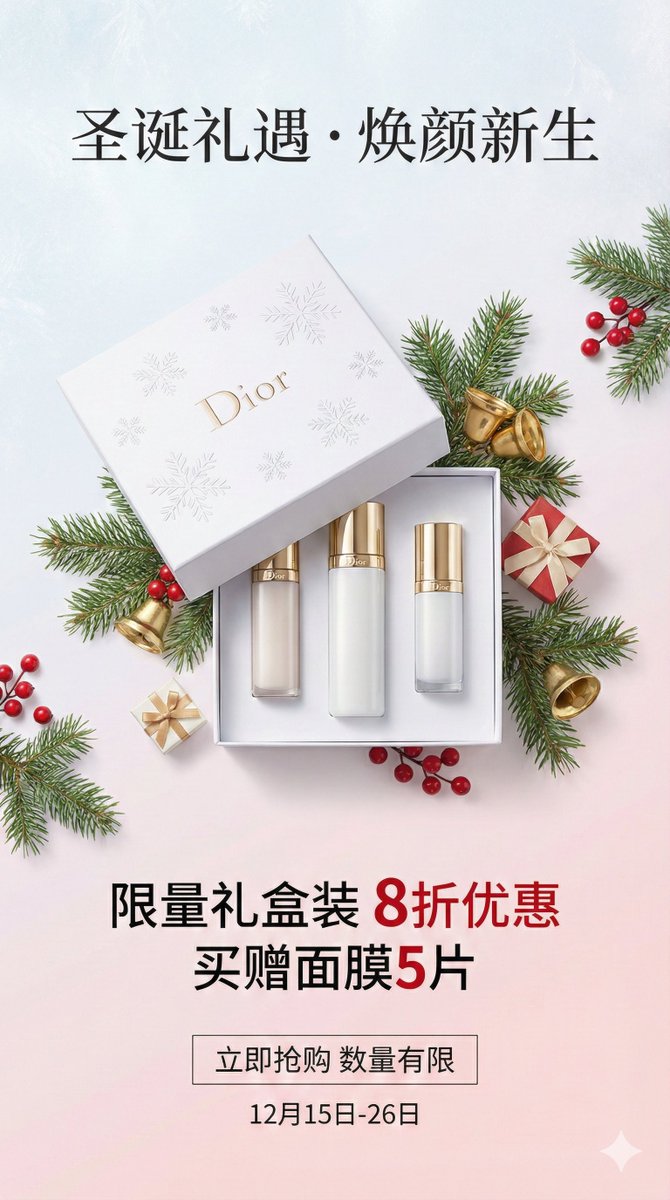 Christmas Skincare Product Set Promotion Card, Warm Tones, Festive — Nano Banana Pro image prompt example