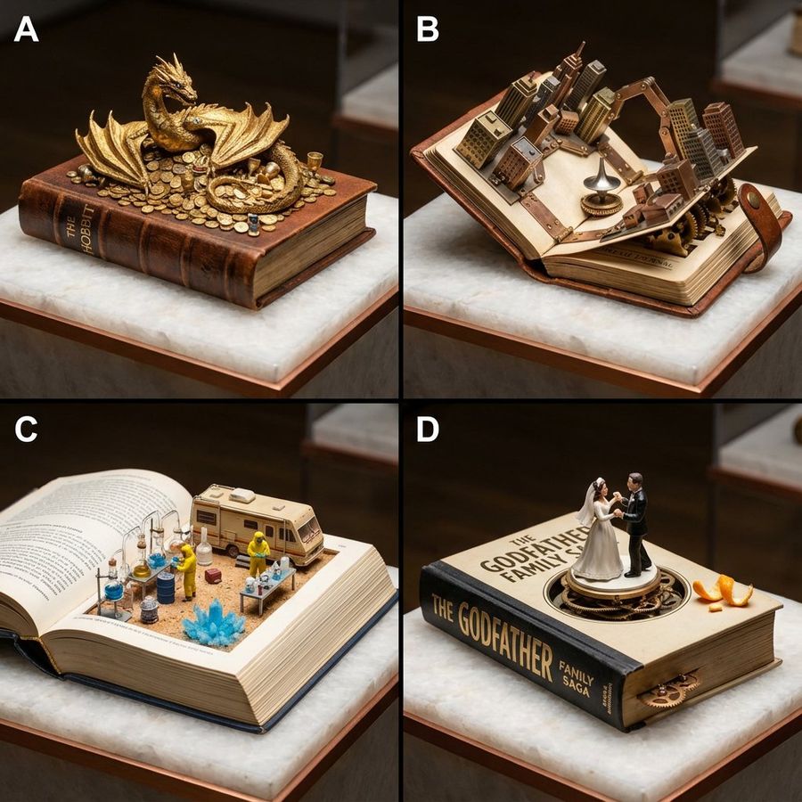 2x2 Grid Format, Prestigious Museum Pedestal, Quartz and Copper — Nano Banana Pro image prompt example