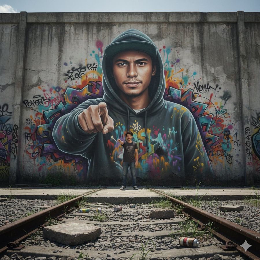 2d To 3d Graffiti Mural Transition In Urban Surabaya — Nano Banana Pro image prompt example