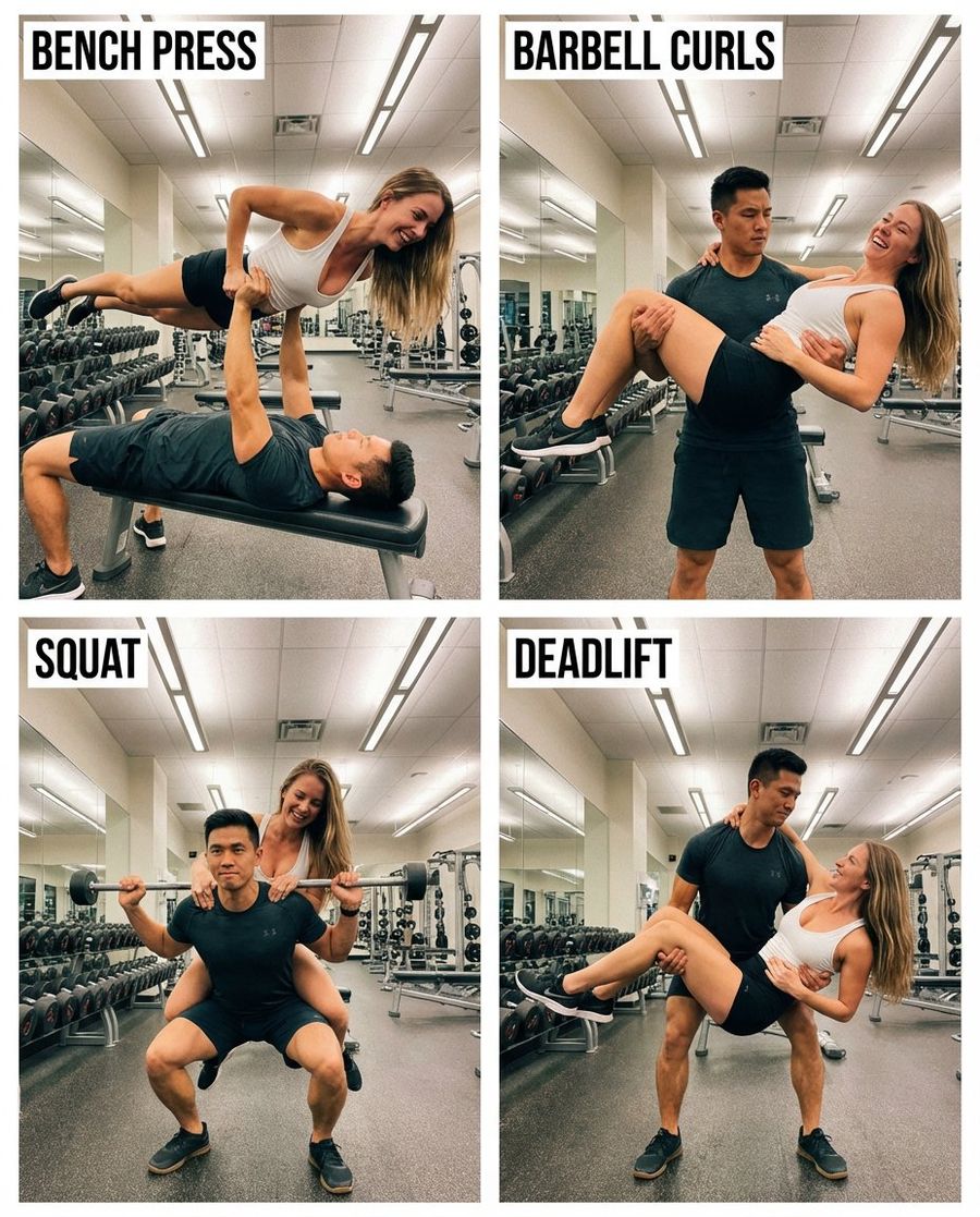 2x2 Collage Of Couple Lifting Each Other In Gym — Nano Banana Pro image prompt example