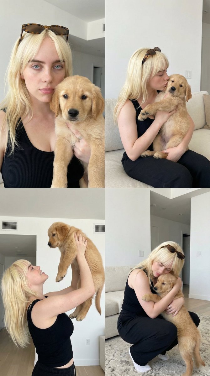 2x2 Collage Of Woman With Golden Retriever Puppy — Nano Banana Pro image prompt example