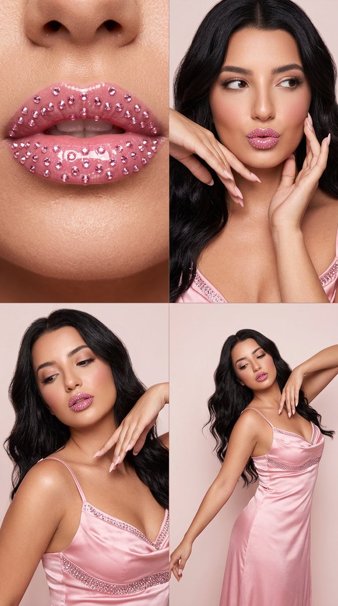 2x2 Editorial Grid Pink Rhinestone Lips And Dance Fashion — Nano Banana Pro image prompt example