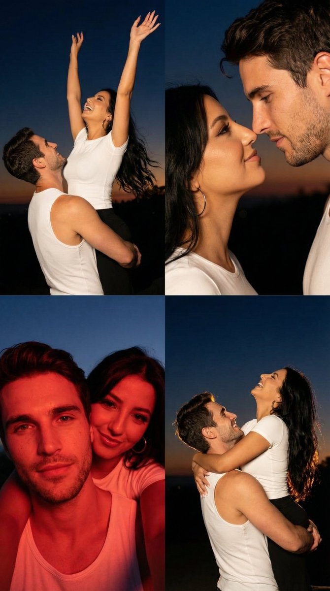 2x2 Grid Cinematic Night Couple Portrait With Identity Lock — Nano Banana Pro image prompt example
