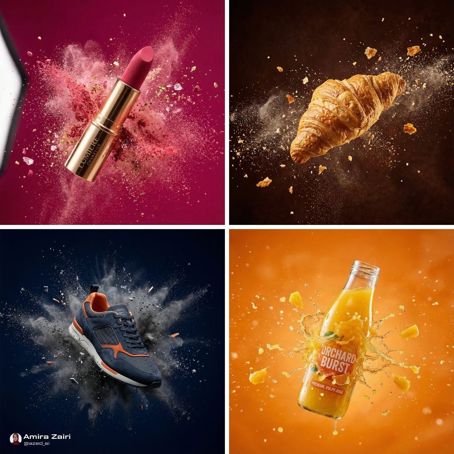 High-end, Hyperrealistic Product Shot of Subject, Captured Mid-air — Nano Banana Pro image prompt example
