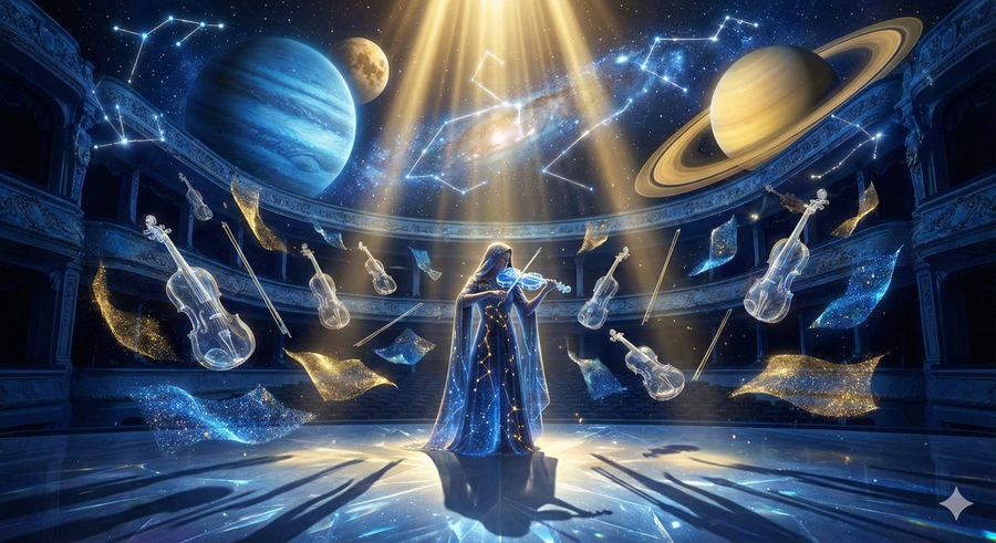 Performing on a Cosmic Opera Stage, Surrounded by Floating — Nano Banana Pro image prompt example