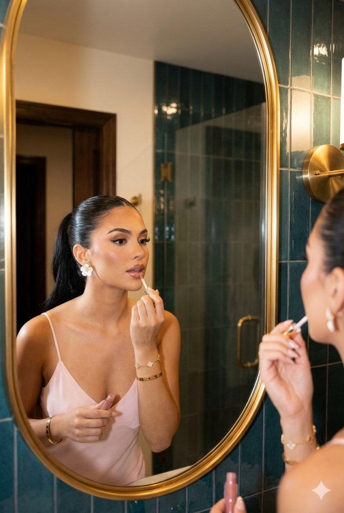 Glamorous Woman Applying Lip Gloss in Mirror Reflection — Nano Banana Pro image prompt example