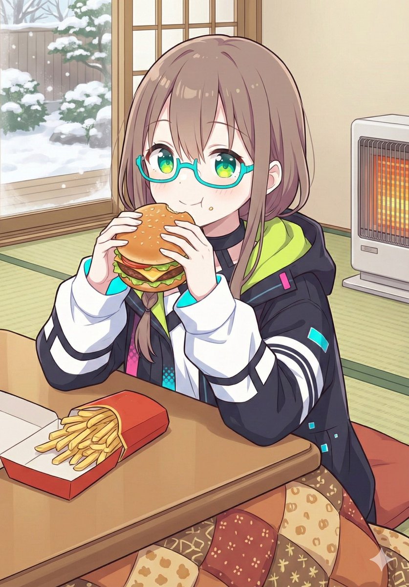 When I Requested Wakaba Eating a Hamburger and Fries Under a Kotatsu — Nano Banana Pro image prompt example